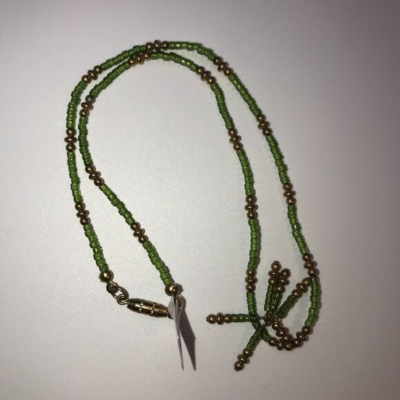 15" Green and Gold Seed Bead Necklace - Picture 2 of 4